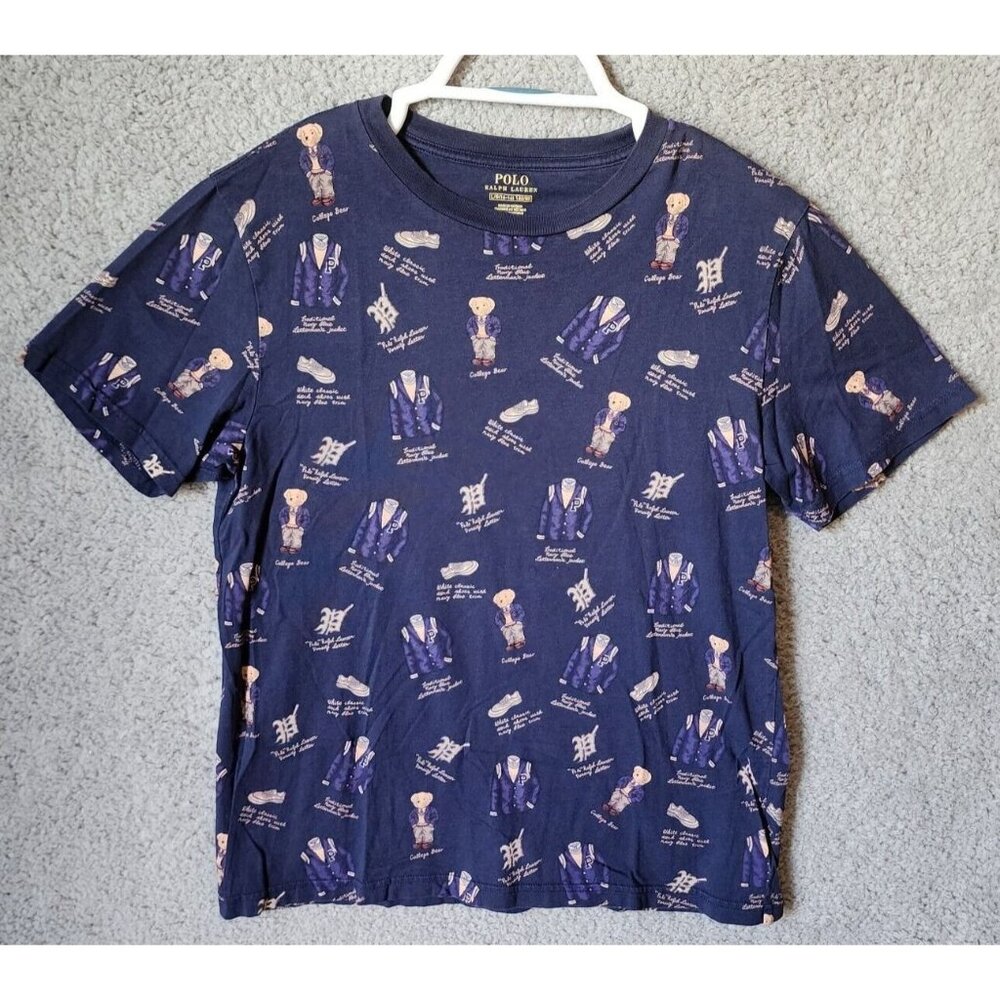 Polo Ralph Lauren Navy Blue College Bear AOP Graphic‎ T Shirt Size Youth L 14-16